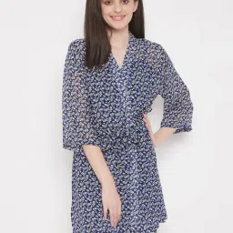 Clovia Blue Floral Print Robe With Belt-image-41