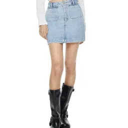 Mixxo Indigo 10 Cropped Modal Slacks Mid Rise Straight Fit Above Knee Mini Denim Skirt-picture-28