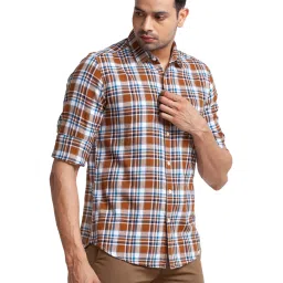 Parx Brown & Blue Cotton Slim Fit Checks Shirt image 4