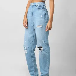 Only Blue Distressed Mom Fit High Rise Jeans image 3