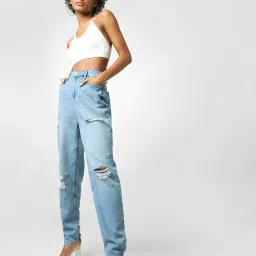 Only Blue Distressed Mom Fit High Rise Jeans image 4