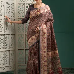 Saree Mall Grey Silk Printed Saree With Unstitched Blouse image 1