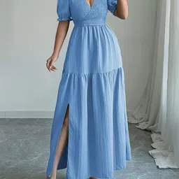 Outzidr Women Puff Sleeve Smocked Fit and Flare Maxi Dress With Slit-picture-28