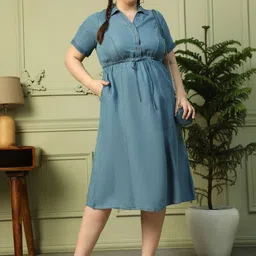 Oxolloxo Plus Size Collared Neck With Button Detail Elasticated Waist Tencel Denim Dress image 5