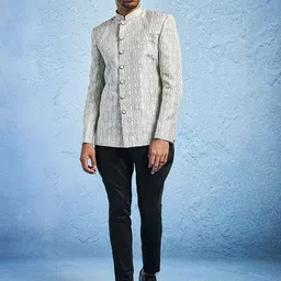 VASTRAMAY Self Design Mandarin Collar Slim-Fit Jacquard Bandhgala Blazers image 5