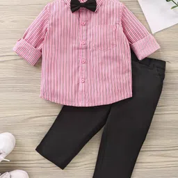 Babyhug Full Sleeves Striped Shirt & Trouser with Bow - Pink Black-image-21