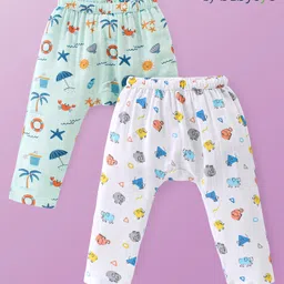 Babyoye 100% Organic Cotton Full Length Elephant Printed Diaper Leggings Pack Of 2 - White & Blue-image-46