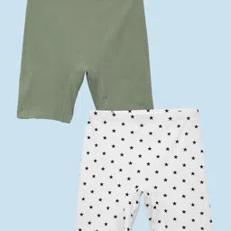 Mackly Pack of 2 Cotton Elastane Solid & Stars Printed Shorts - Olive & White-picture-35