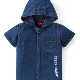 Babyhug Denim Half Sleeves Text Printed Hooded Shirt - Blue-picture-11