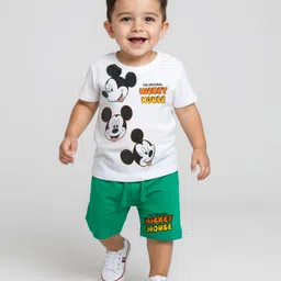 Babyhug Disney Single Jersey Knit Half Sleeves T-Shirt & Shorts Set With Mickey Mouse Family Graphics - White & Green-picture-19