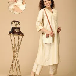 The Mom Store Silk Three Fourth Sleeves Solid Maternity Kurta With Nursing Access & Salwar Set - Off White-picture-19