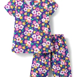 Babyhug Cotton Knit Half Sleeves Capri Co-Ord Night Suit With Floral Print - Purple-picture-29