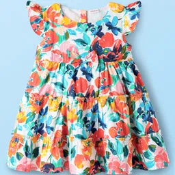 Babyhug Cotton Knit Frill Sleeves Frock with Floral Print & Bow Applique - Multicolor-picture-16