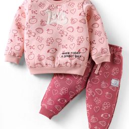 CUCUMBER Fleece Knit Full Sleeves Winter Wear Night Suit With Tropical Theme Print - Pink-picture-16