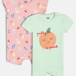 MINI KLUB Cotton Knit Pack Of 2 Half Sleeves Peach & Cats Printed Rompers - Pink & Blue-picture-38