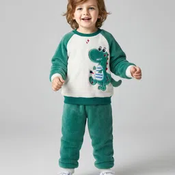 Mark & Mia Fur Woven Full Sleeves Night Suit with Dino Embroidery - Green-picture-27