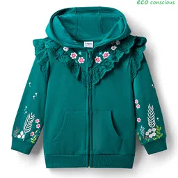 Babyoye 100% Cotton Knit Full Sleeves Hooded SweatJacket with Floral Graphic - Mint-picture-31