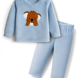 Kanvin Knit Full Sleeves Winter Night Suit with Animal Patch Embroidery - Light Blue-image-53