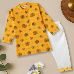 Desi Soota Cotton Woven Full Sleeves Floral Pinted Kurta & Pyjama Set - Golden-picture-22