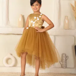 Toy Balloon Kids Net Woven Sleeveless Floral Applique Detailed Pearls Embellished High Low Dress - Brown-picture-15
