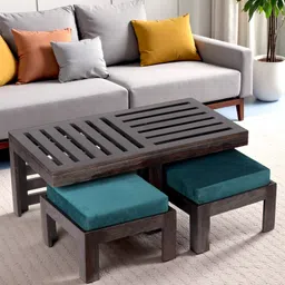 Ikiriya Irish Sheesham Wood Accent Coffee Table Set / Center Table / Sofa Table with 2 Stools in Dark Mahagony Finish with Turquoise Sea Velvet Cushions-image-63