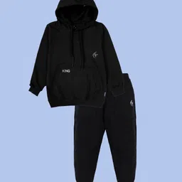 Kiddopanti Fleece Knit Full Sleeves Silver Foil Lion Back Printed Winter Hooded Sweatshirt With Track Pants Set - Black-picture-28