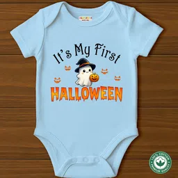 BLUSHES 100% Cotton Knit Halloween Theme Half Sleeves Its My First Halloween Text Printed Onesie - Aqua Blue-picture-33