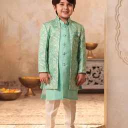 AJ Dezines Jacquard Woven Full Sleeves Floral Embroidered Kurta Pyjama With Sherwani Jacket Set - Green-picture-23