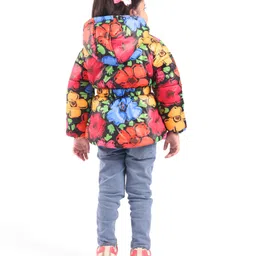 Babyhug Woven Full Sleeves Solid Color Padded Hooded Jacket with Floral Print & Bow Applique - Multicolour image 2