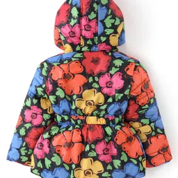 Babyhug Woven Full Sleeves Solid Color Padded Hooded Jacket with Floral Print & Bow Applique - Multicolour image 4