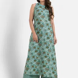Crazy Needle Printed Sleeveless Pure Cotton A-Line Kurta With Palazzos-image-37
