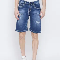 Crimsoune Club Blue Slim Fit Distressed Denim Shorts-image-85