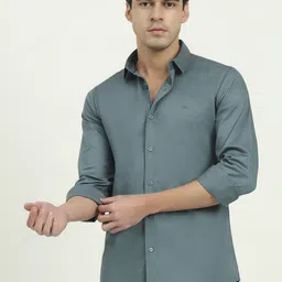 JADE BLUE Cutaway Collar Slim Fit Opaque Casual Cotton Shirt-image-98