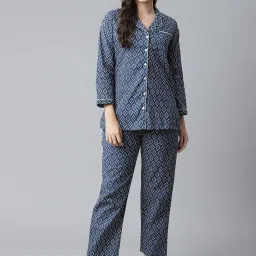 Divena Navy Blue Printed Cotton Top & Pant Set image 1