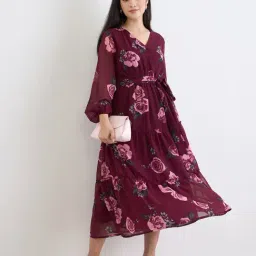 Styli Burgundy Synthetic Regular Fit Floral Print Dress-image-20