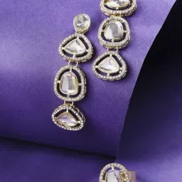 OOMPH Gold Kundan Contemporary Shaped Jadau Dangler Earrings & Ring Set-image-4