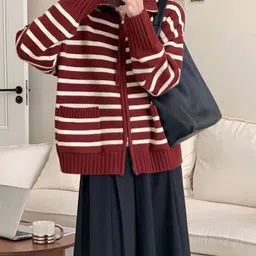StyleCast Women Horizontal Striped Mock Collar Cardigan-image-74