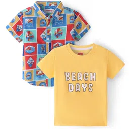 Babyhug Cotton Woven Half Sleeves Check Shirt with Beach Days Printed T-Shirt - Multicolor-picture-10