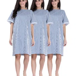 Piu Pack Of 3 Cotton Woven Half Sleeves Striped Hospital Patient Night Dress - Blue-image-47