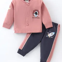 CUCUMBER Sinker Knit Full Sleeves Front Open Night Suit with Astronaut Print - Pink-picture-17
