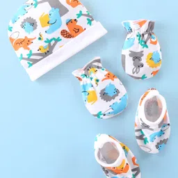 Babyhug 100% Interlock Cotton Knit Cap Mittens & Booties Set with Animal Print - Multicolor-image-56