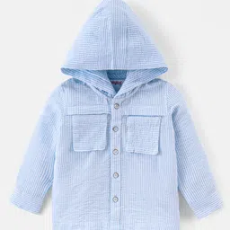 Babyhug Cotton Woven Full Sleeves Hooded Shirt with Stripes Design - Sky Blue-picture-20