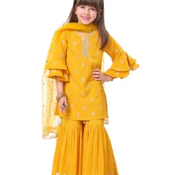 Babyhug Woven Three Fourth Bell Sleeves Kurti Gharara & Dupatta Set with Floral Embroidery - Mustard-picture-20
