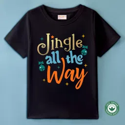 BLUSHES Christmas Theme 100% Cotton Half Sleeves Jingle All The Way Text Printed Tee - Black-picture-29