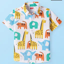 Babyhug Cotton Knit Half Sleeves Shirt with AnimalsPrint - White-picture-34