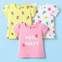 Babyhug Cotton Knit Half Sleeves T-Shirts With Tropical Print Pack Of 3 -Yellow & Pink-image-27