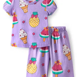 Babyhug Cotton Knit Half Sleeves Capri Nightsuit with Icecream Print - Purple-image-41