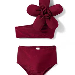 KIDLINGSS One Shoulder Sleeves Floral Applique Detailed 2 Piece Swimsuit - Maroon-picture-16