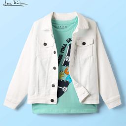 arias by lara dutta Arias Cotton Stretch Full Sleeves Front Button Denim Jacket With Inner Tee - White-picture-3