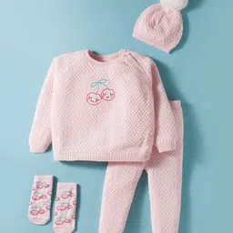 Yellow Apple Cotton Knit Full Raglan Sleeves Sweater Set With Cherry Embriodery Socks & Cap - Pink-picture-18